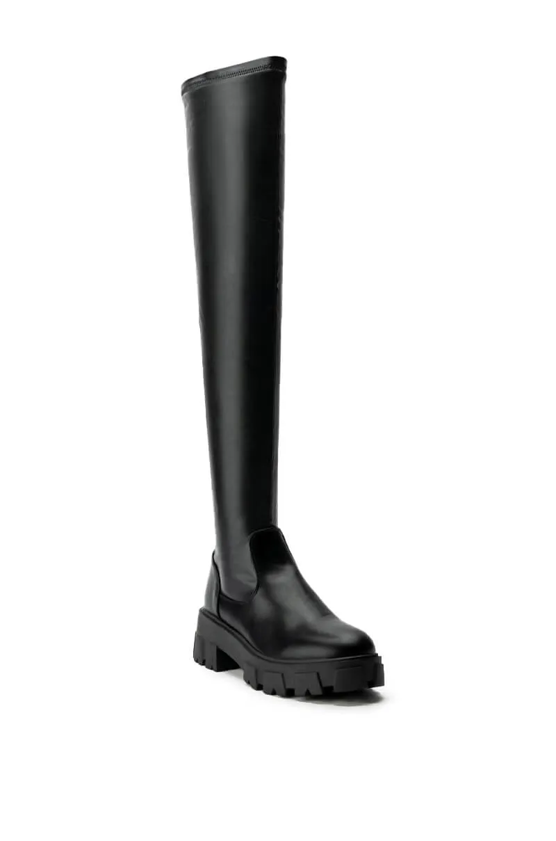 AZALEA WANG LATE NIGHTS OVER THE KNEE FLATFORM BOOT WITH 4 WAY STRETCH IN BLACK