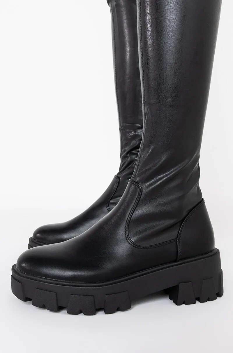 AZALEA WANG LATE NIGHTS OVER THE KNEE FLATFORM BOOT WITH 4 WAY STRETCH IN BLACK