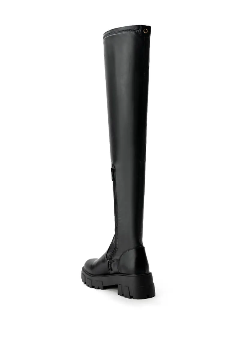 AZALEA WANG LATE NIGHTS OVER THE KNEE FLATFORM BOOT WITH 4 WAY STRETCH IN BLACK