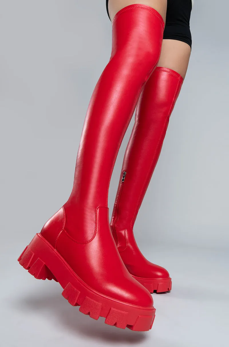 AZALEA WANG LATE NIGHTS OVER THE KNEE FLATFORM BOOT WITH 4 WAY STRETCH IN RED