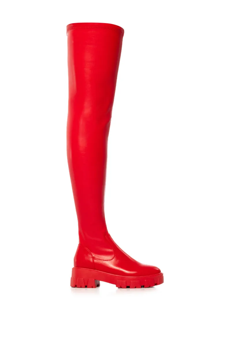 AZALEA WANG LATE NIGHTS OVER THE KNEE FLATFORM BOOT WITH 4 WAY STRETCH IN RED