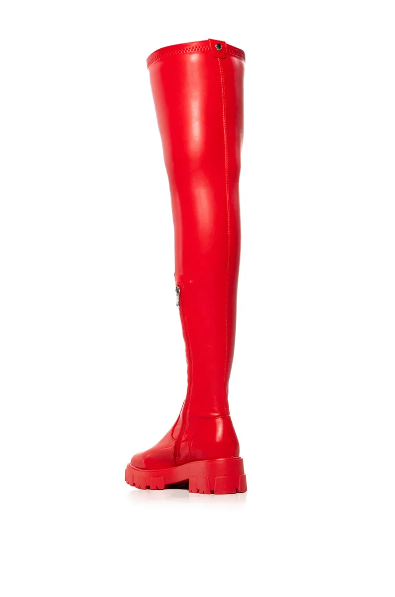 AZALEA WANG LATE NIGHTS OVER THE KNEE FLATFORM BOOT WITH 4 WAY STRETCH IN RED