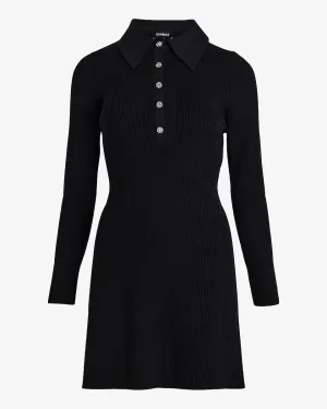 Embellished Button Long Sleeve Mini Sweater Dress in Pitch Black