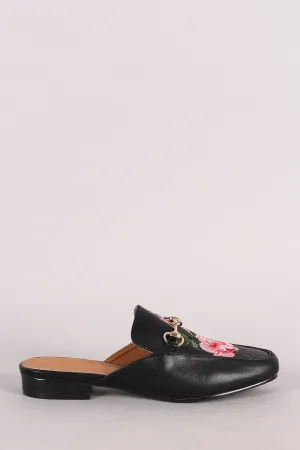 Embroidered Floral Horsebit Slip On Mule Flat