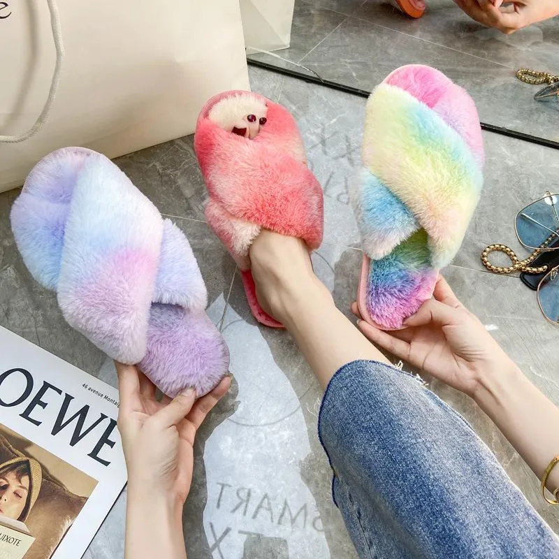 Fashion colorful tie dye criss cross slippers furry warm winter house shoes