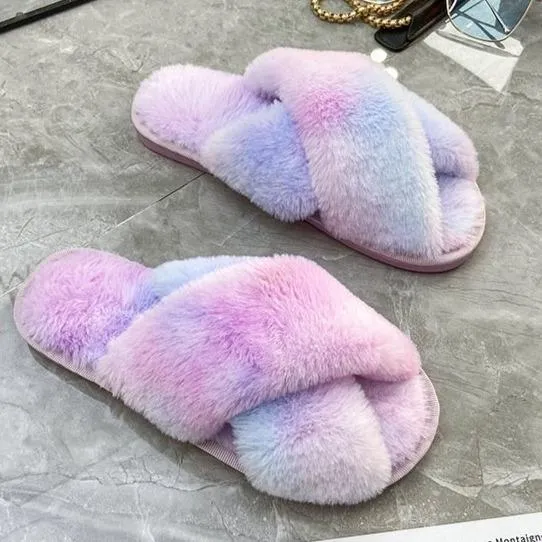 Fashion colorful tie dye criss cross slippers furry warm winter house shoes