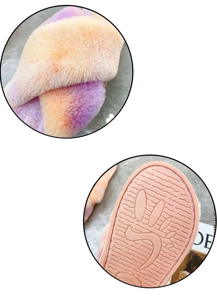 Fashion colorful tie dye criss cross slippers furry warm winter house shoes