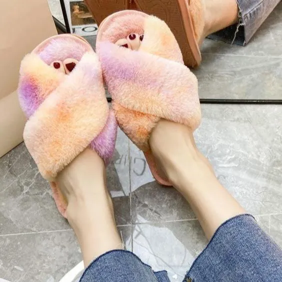 Fashion colorful tie dye criss cross slippers furry warm winter house shoes