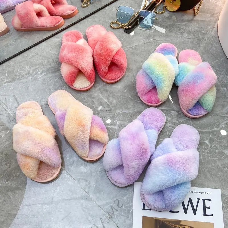 Fashion colorful tie dye criss cross slippers furry warm winter house shoes