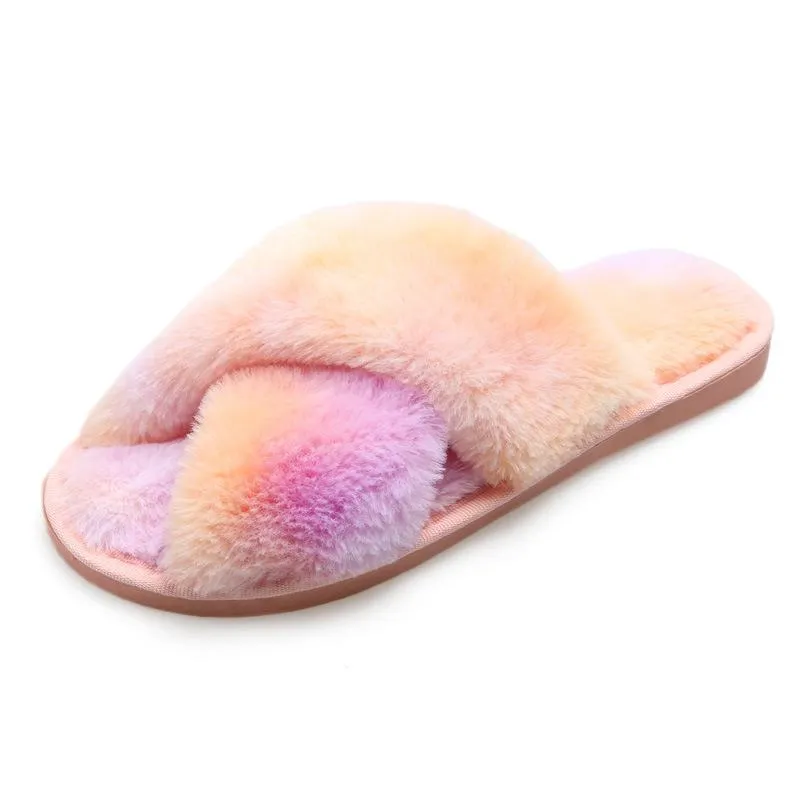 Fashion colorful tie dye criss cross slippers furry warm winter house shoes