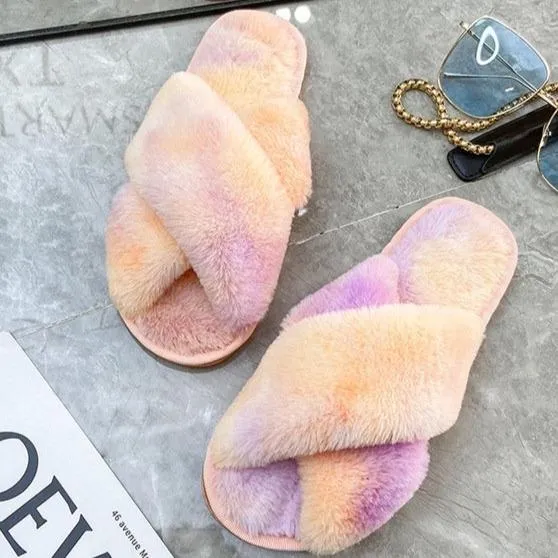 Fashion colorful tie dye criss cross slippers furry warm winter house shoes