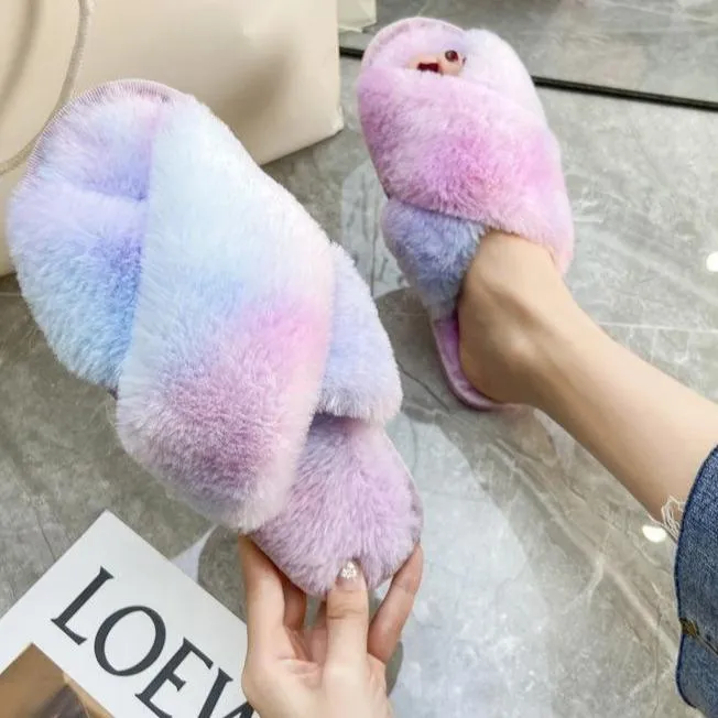 Fashion colorful tie dye criss cross slippers furry warm winter house shoes