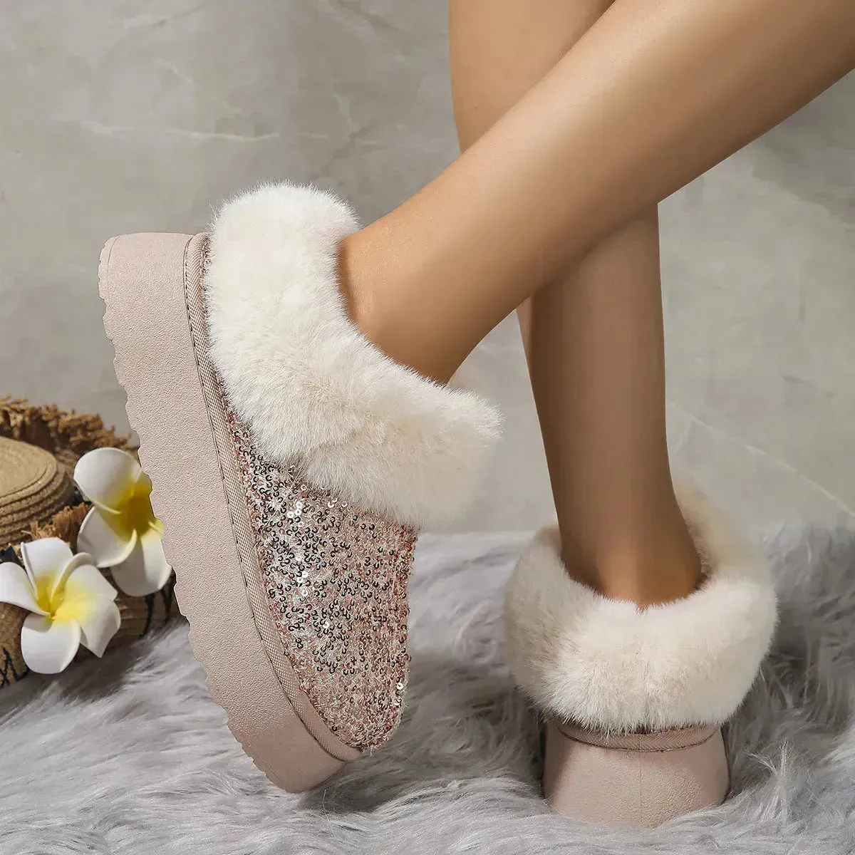 Fashion Sequined Autumn and Winter Fleece Lined Plush indoor outdoor slippers