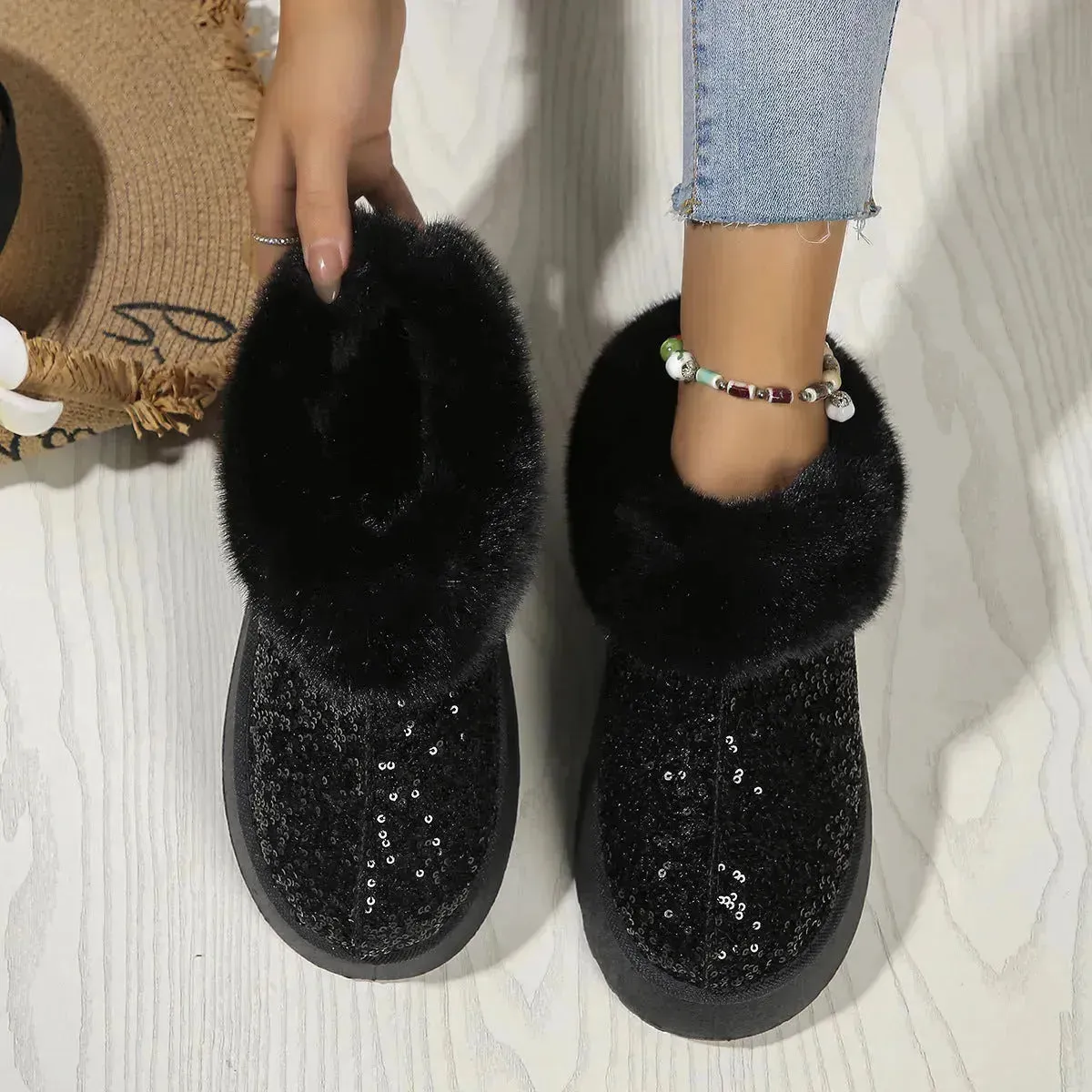 Fashion Sequined Autumn and Winter Fleece Lined Plush indoor outdoor slippers