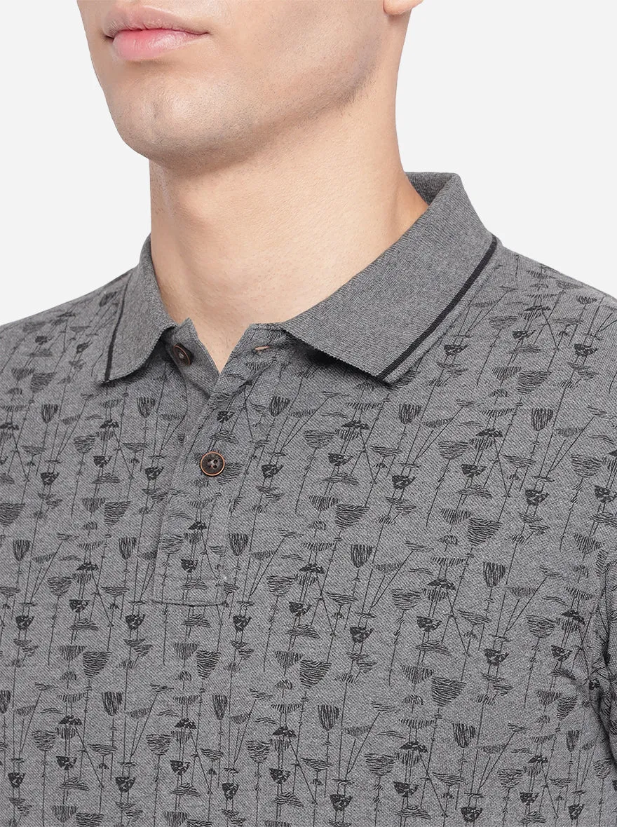 Gunmetal Grey Printed Slim Fit Polo T-Shirt | Greenfibre