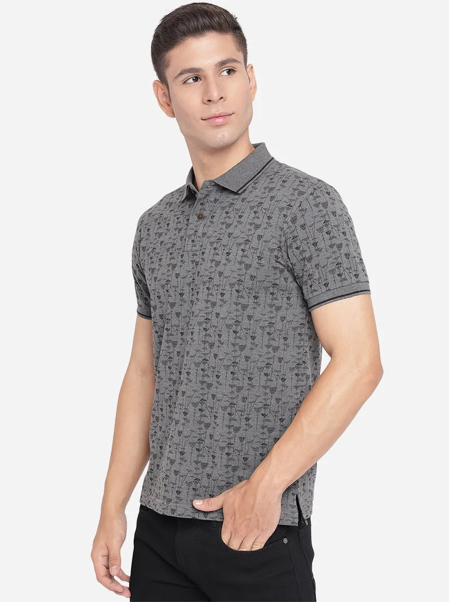 Gunmetal Grey Printed Slim Fit Polo T-Shirt | Greenfibre