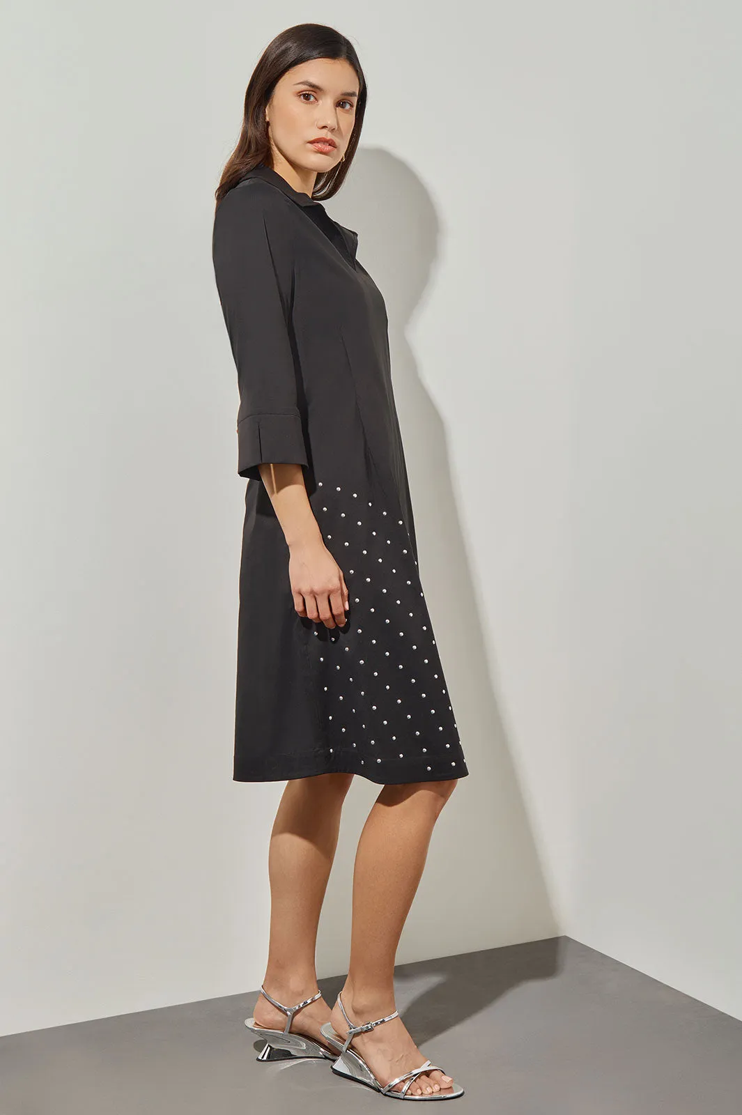 Knee-Length Shift Dress - Studded Stretch Cotton