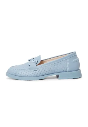 Leather Block Heels Loafers - Blue