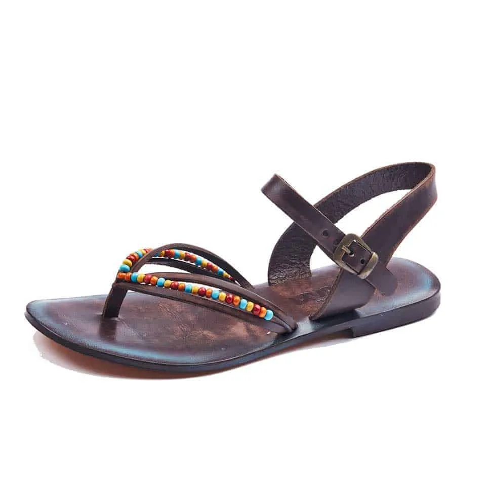 Leather Strappy Flip Flop Sandals Flat For Womens