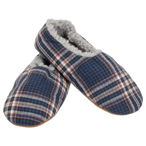 Navy Plaid Mens Plush Lined Cozy Non Slip Indoor Soft Slippers - Large