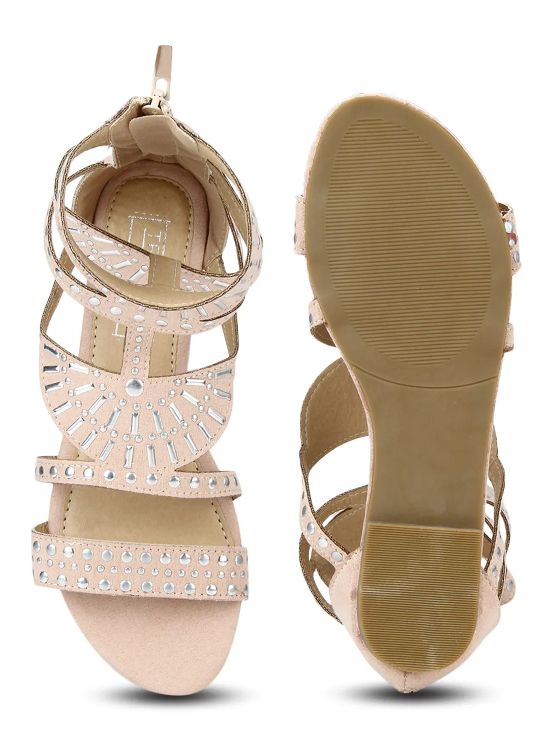 Nude Micro Studded Ankle Strap Flat Sandals