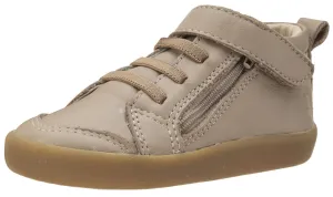 Old Soles Boy's and Girl's Steps Taupe Leather Elastic Lace Hook and Loop Strap Side Zipper Sneaker