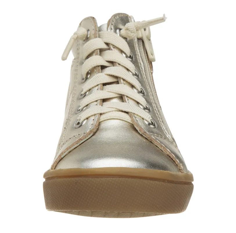 Old Soles Girl's and Boy's The Leader Gold Perforated Metallic Leather Elastic Lace Hook and Loop High Top Sneaker