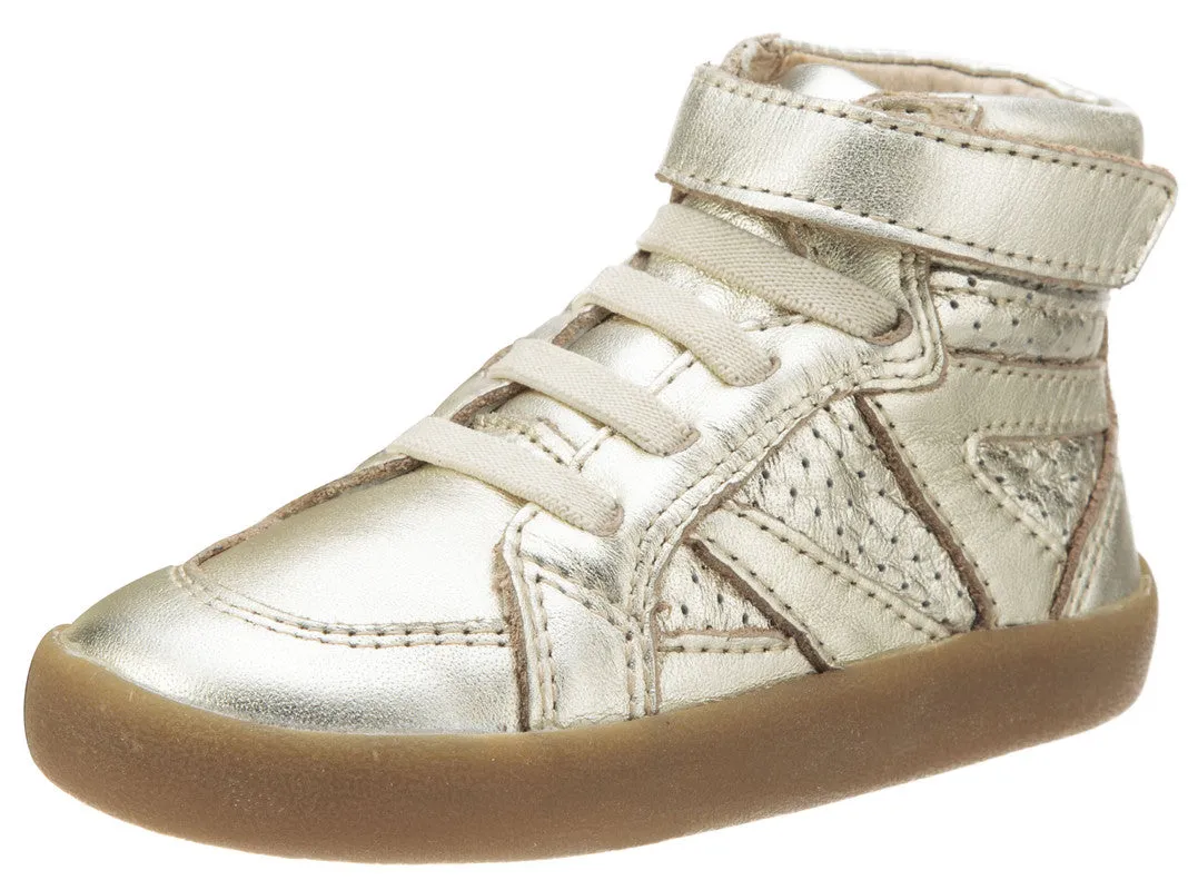 Old Soles Girl's and Boy's The Leader Gold Perforated Metallic Leather Elastic Lace Hook and Loop High Top Sneaker