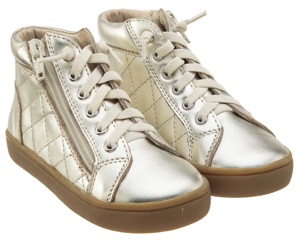 Old Soles Girl's and Boy's The Leader Gold Perforated Metallic Leather Elastic Lace Hook and Loop High Top Sneaker