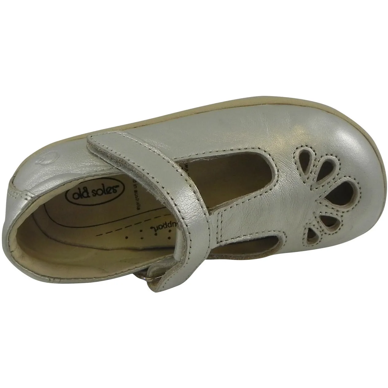 Old Soles Girl's Petals T-Strap Silver Chalk Leather Mary Jane Flat