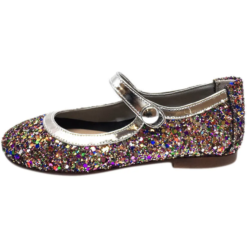 Papanatas by Eli Bright Silver Multi Glitter Mary Janes Button Flats