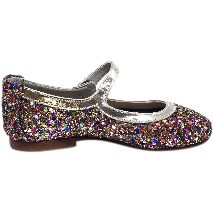 Papanatas by Eli Bright Silver Multi Glitter Mary Janes Button Flats