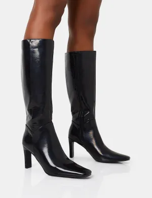 Pose Black Textured Pu Zip Up Knee High Slim Block Heeled Boots