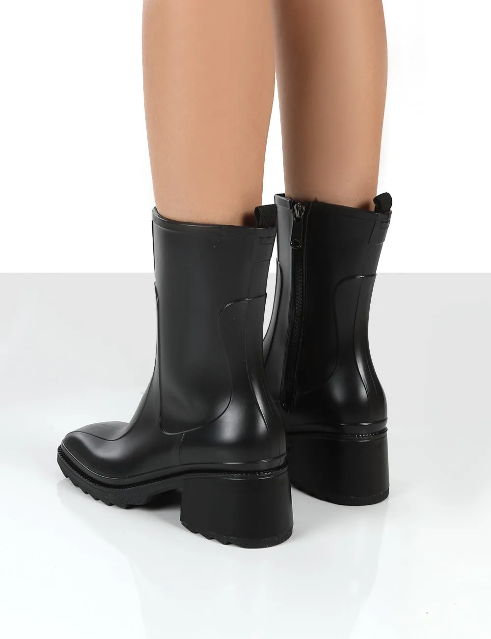 Rainyday Black Chunky Zip Up Heeled Wellies