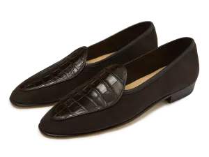 Sagan Classic Precious Leather Loafers in Dark Brown Suede and Crocodile