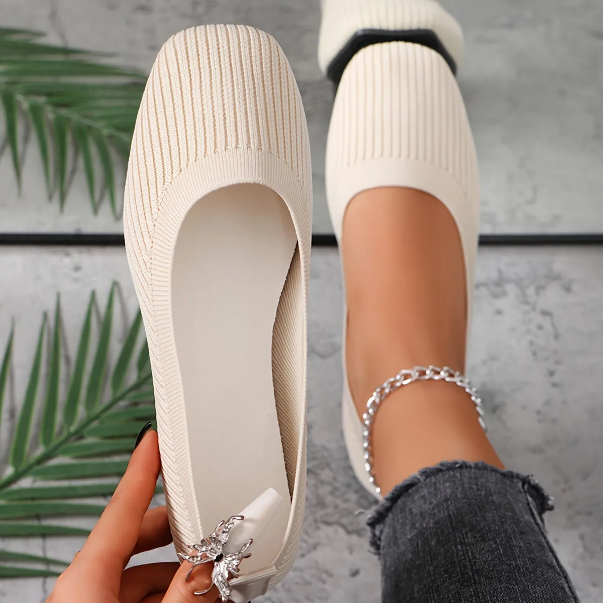 Soft Sole Ballet Flats - Stylish Square Toe Design, Ultra-Soft Knitted Sole, Easy Slip-On, Breathable, Casual - Designed for Women, Timeless Solid Color Option