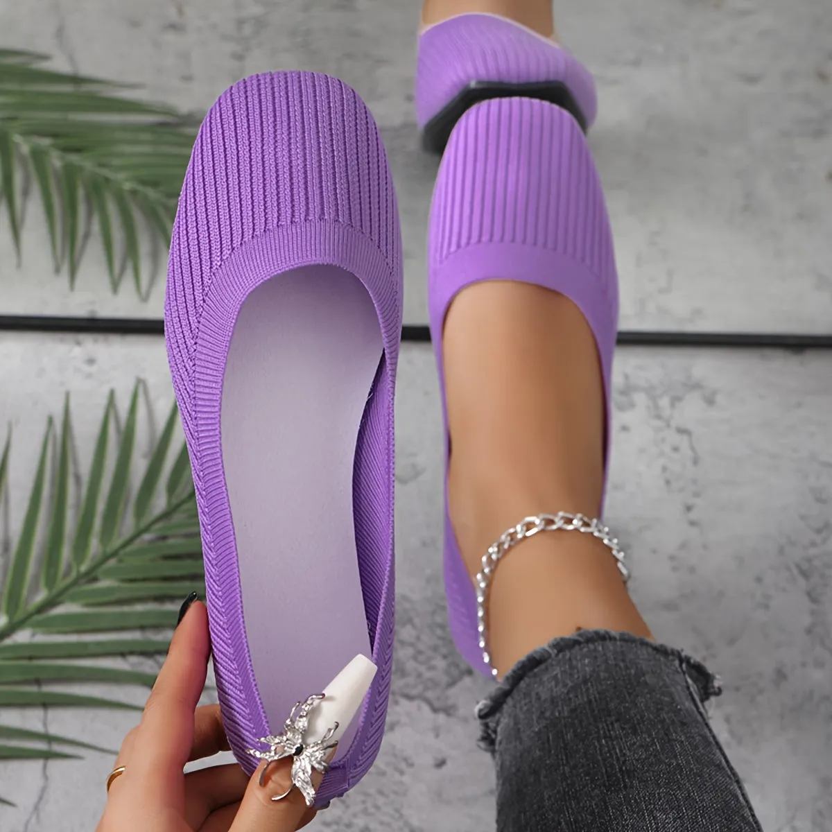 Soft Sole Ballet Flats - Stylish Square Toe Design, Ultra-Soft Knitted Sole, Easy Slip-On, Breathable, Casual - Designed for Women, Timeless Solid Color Option