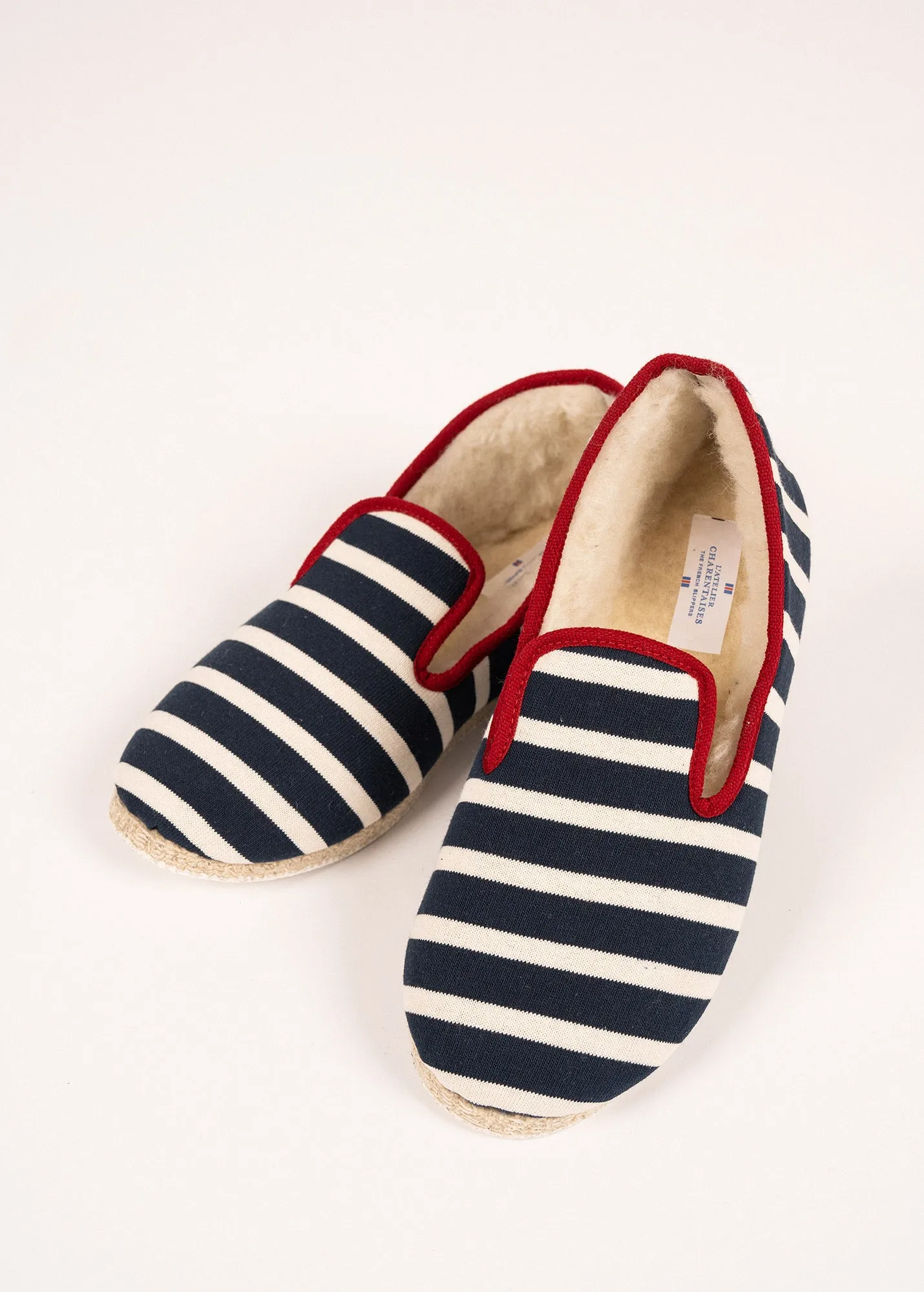 Striped slippers - lined in pure new wool (MARINE/ECRU/ROUGE)