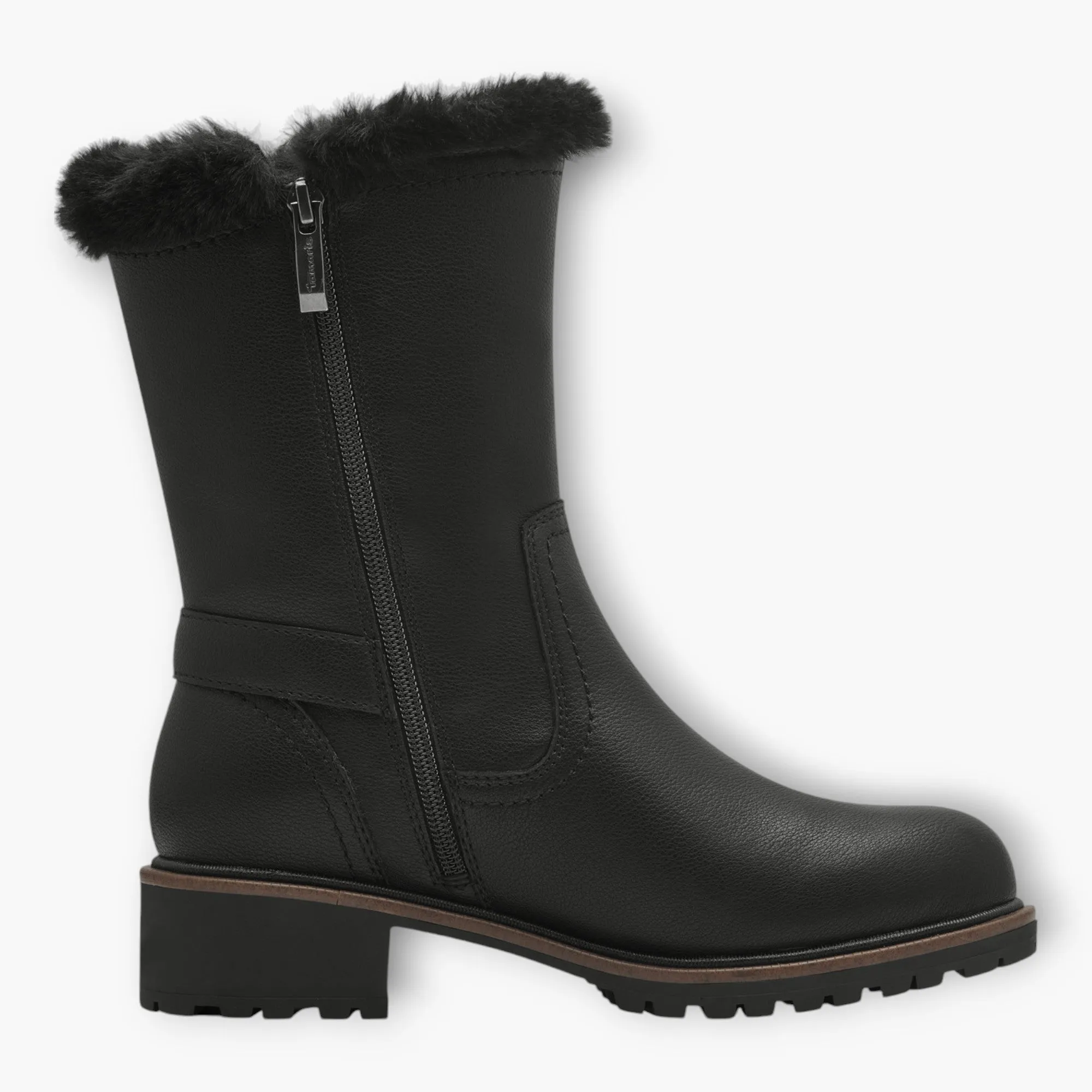 Tamaris Black Boots with Fur Trim & Buckle Detail - Block Heel, Side Zip, Comfort Fit