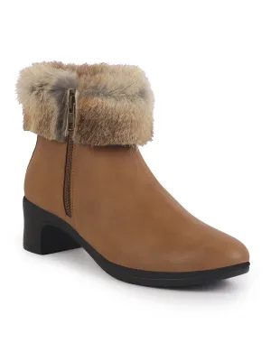 Women Tan High Ankle Flared Heel Side Zipper Winter Classic Fur Boots|Outdoor Boots|Work Boot