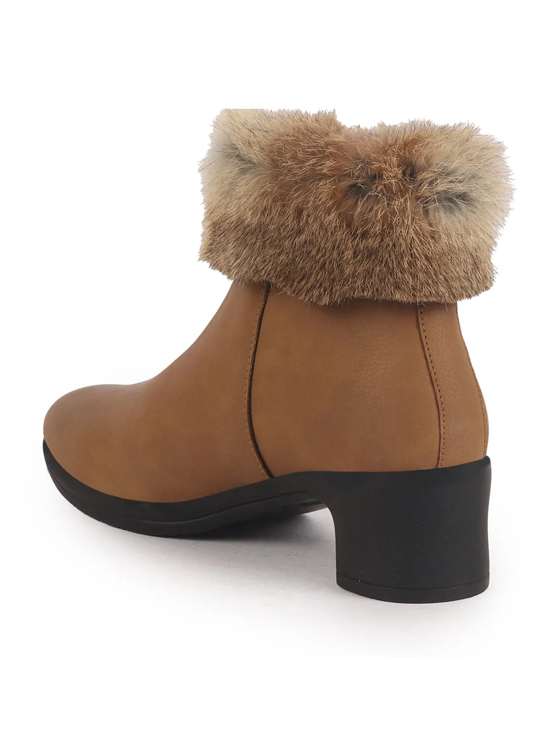 Women Tan High Ankle Flared Heel Side Zipper Winter Classic Fur Boots|Outdoor Boots|Work Boot