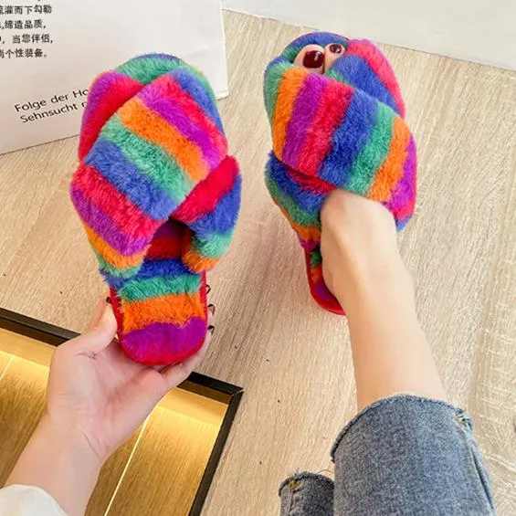 Women's rainbow cirss peep toe slippers indoors shoes