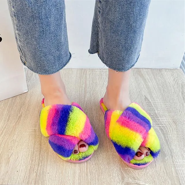 Women's rainbow cirss peep toe slippers indoors shoes