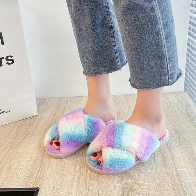 Women's rainbow cirss peep toe slippers indoors shoes