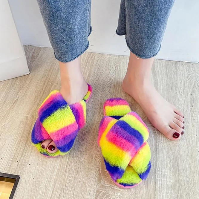 Women's rainbow cirss peep toe slippers indoors shoes