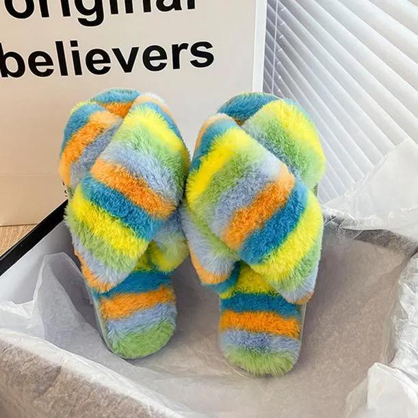 Women's rainbow cirss peep toe slippers indoors shoes