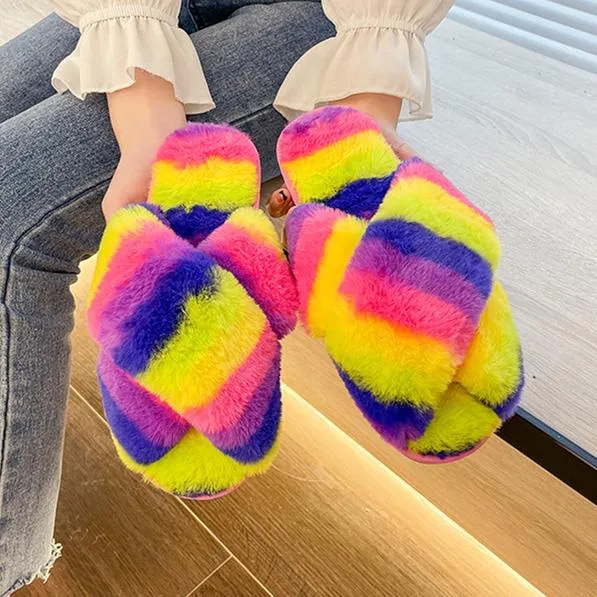 Women's rainbow cirss peep toe slippers indoors shoes