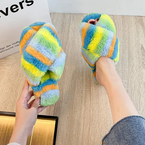 Women's rainbow cirss peep toe slippers indoors shoes