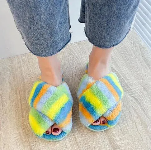 Women's rainbow cirss peep toe slippers indoors shoes