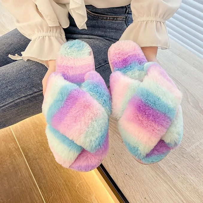 Women's rainbow cirss peep toe slippers indoors shoes